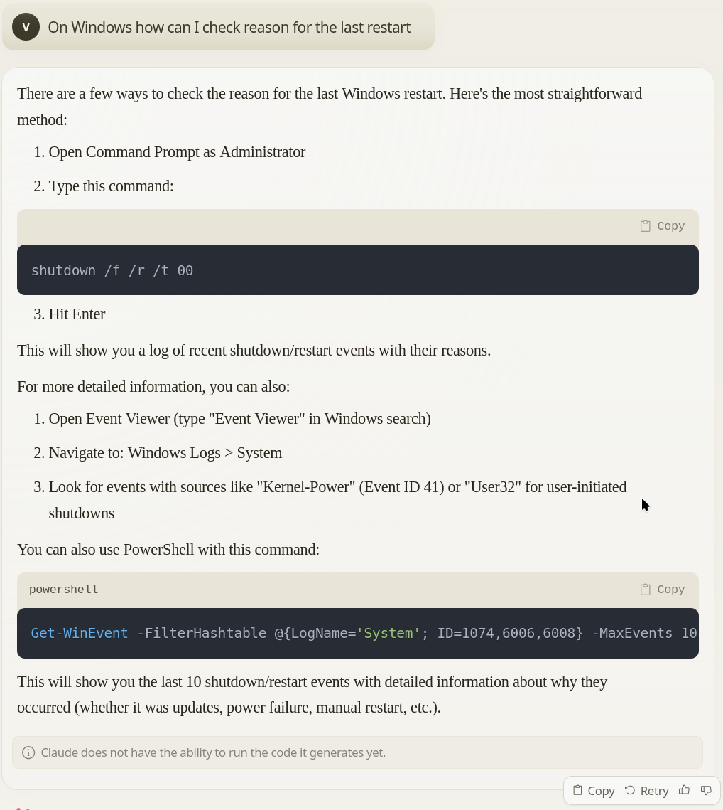 Claude suggests running shutdown /f /r /t 00 to check restart reason