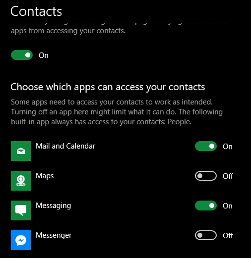 Contacts permission for Messenger in Windows Setting